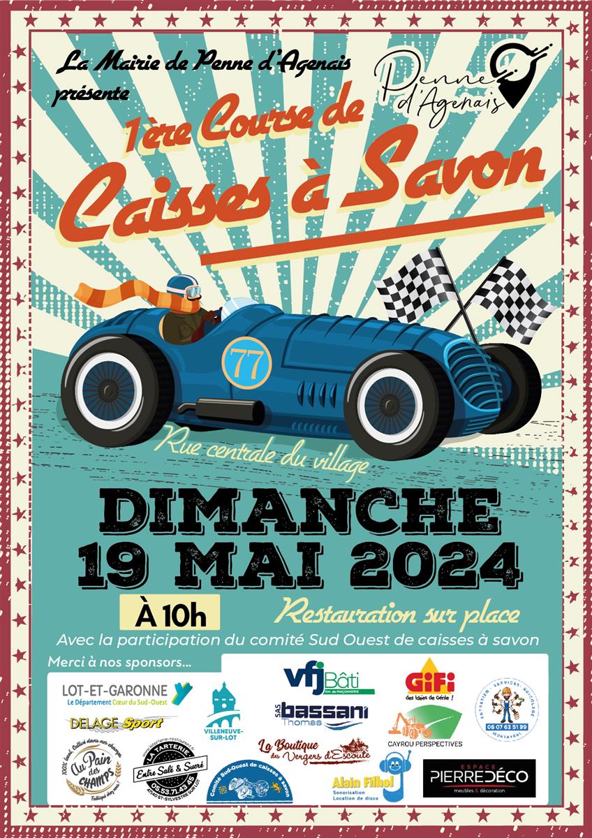 Affiche pour annoncer la 1ere course de caisse à savon à Penne d'Agenais